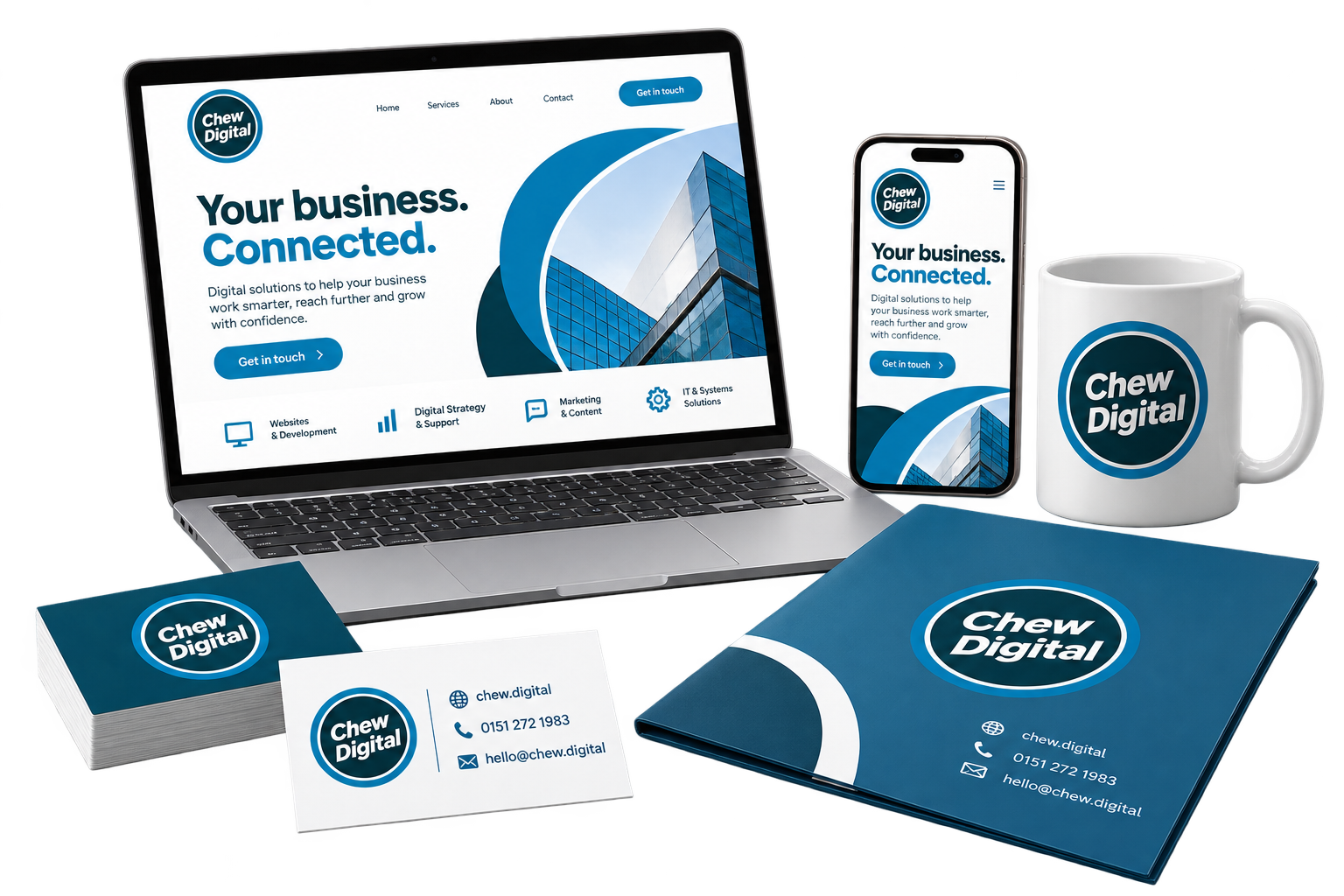 Chew Digital® branded website, stationery, presentation folder and mug